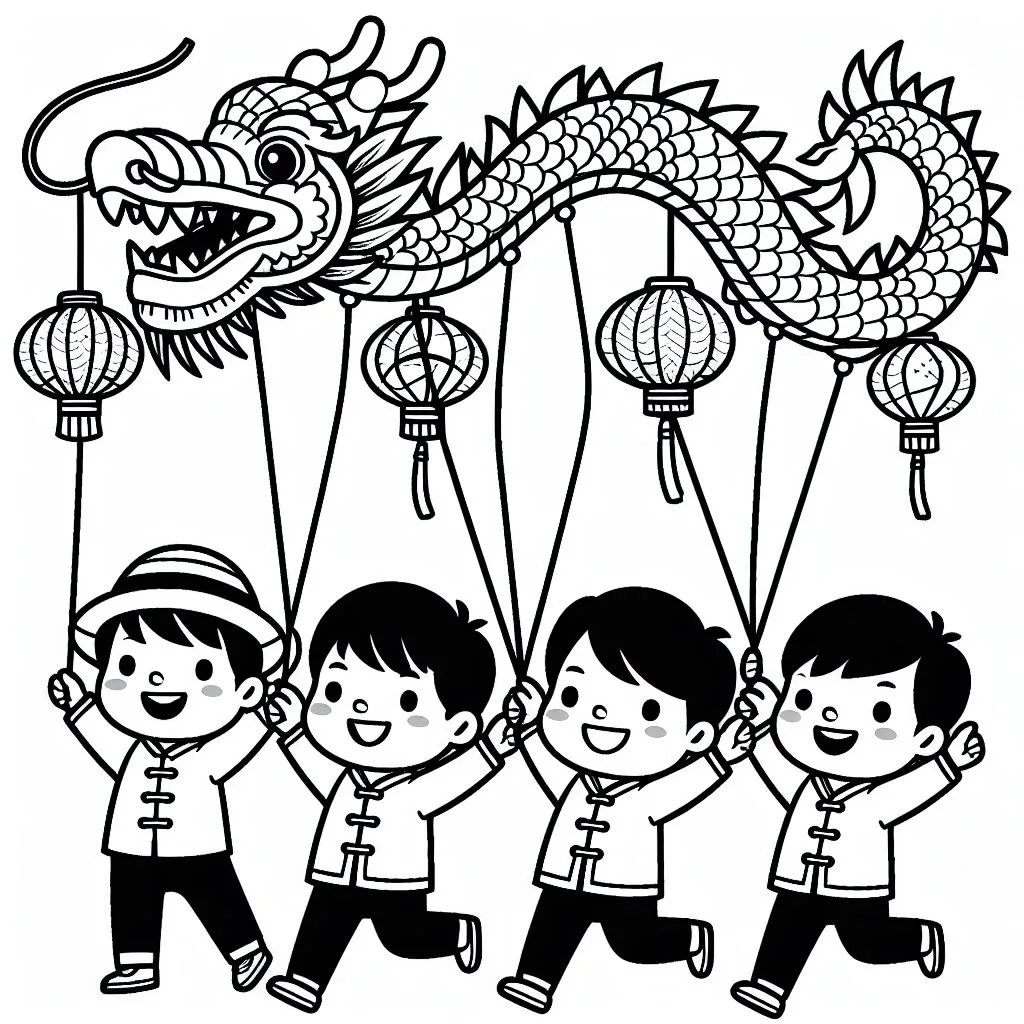Boys Running with Chinese New Year Dragon 🐉👦👦🏃‍♂️ Coloring Page