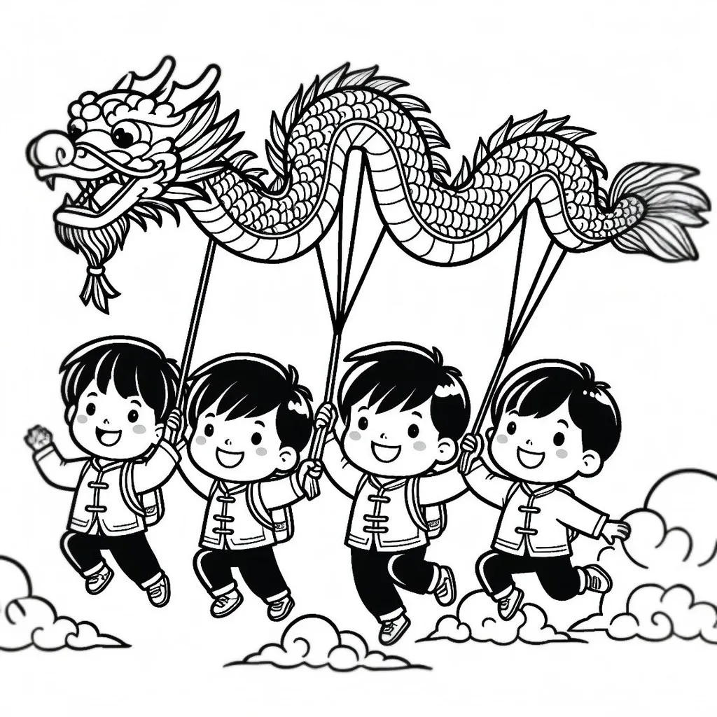 Boys Flying with a Dragon Above the Clouds Chinese New Year 🐉👦👦☁️ Coloring Page