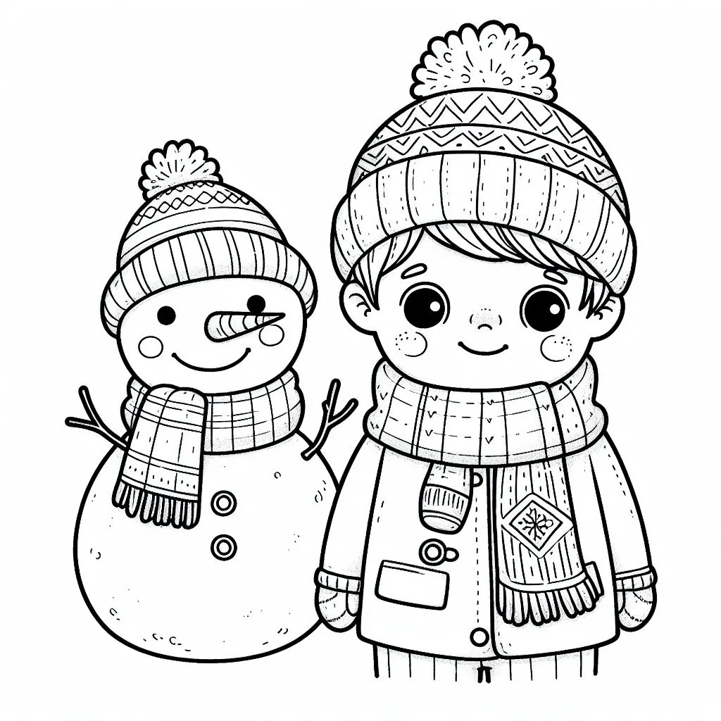 Boy with Snowman 👦⛄ Coloring Page