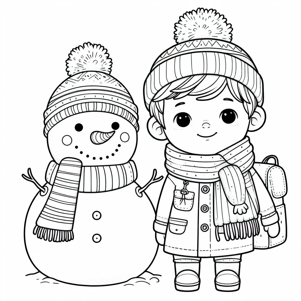 Boy with Snowman 👦⛄ Coloring Page