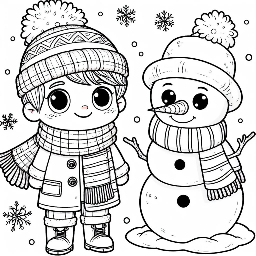 Boy with Snowman 👦⛄ Coloring Page