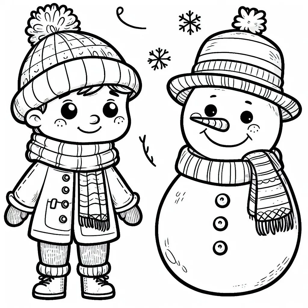 Boy with Snowman 👦⛄ Coloring Page