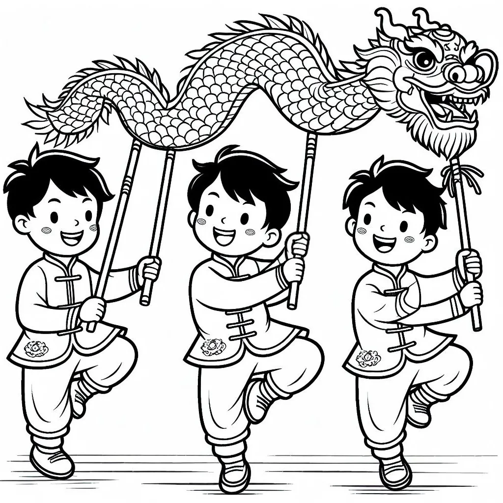 Boys Running with Chinese Dragon for New Year 🏃🏃🏃🐉 Coloring Page