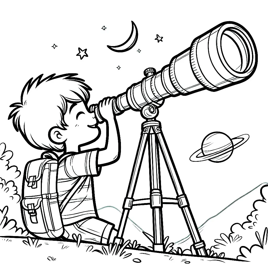 Boy with Telescope Moon Stars and Planet 👦🔭🌙⭐🪐 Coloring Page