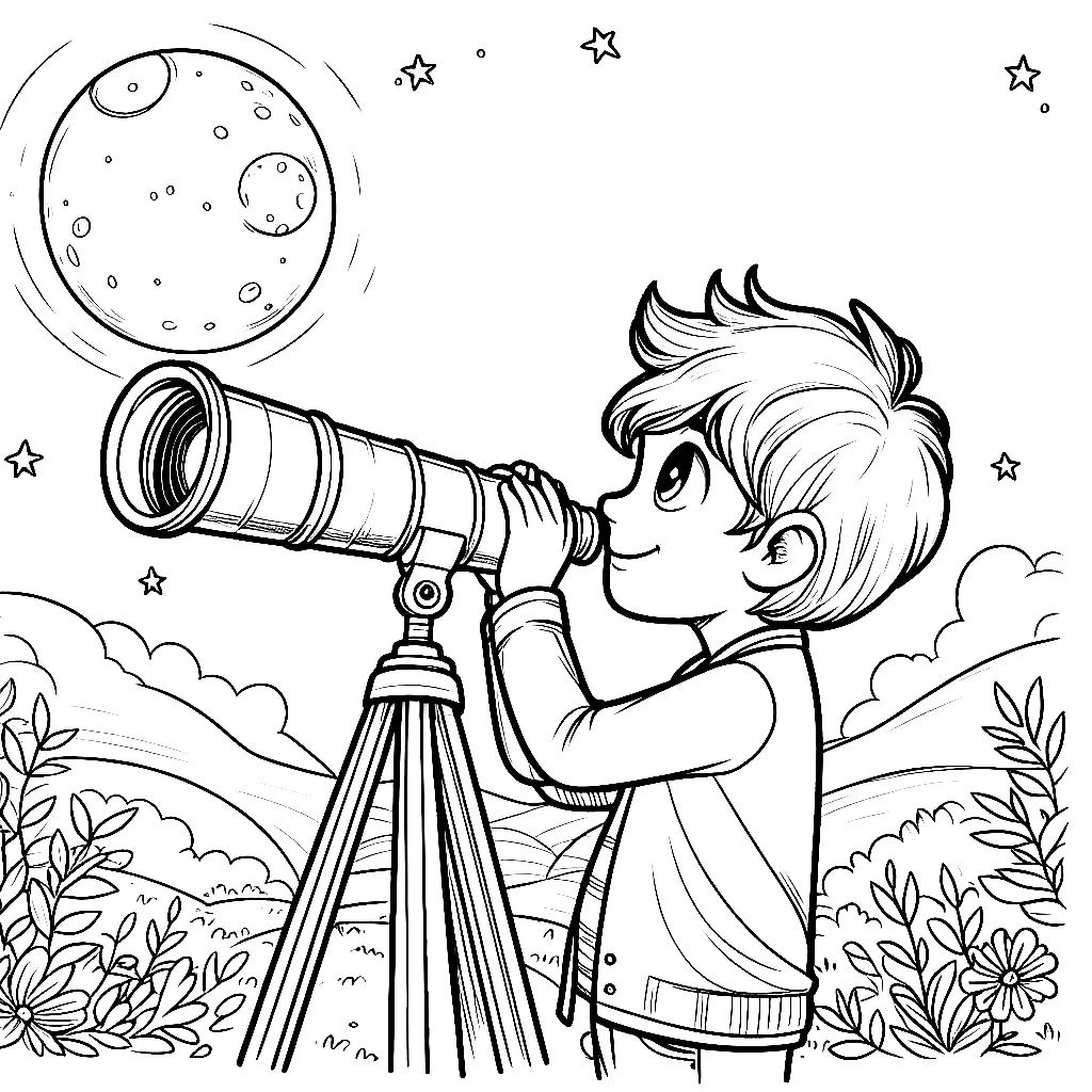 Boy with Telescope Moon Stars 👦🔭🌙⭐ Coloring Page