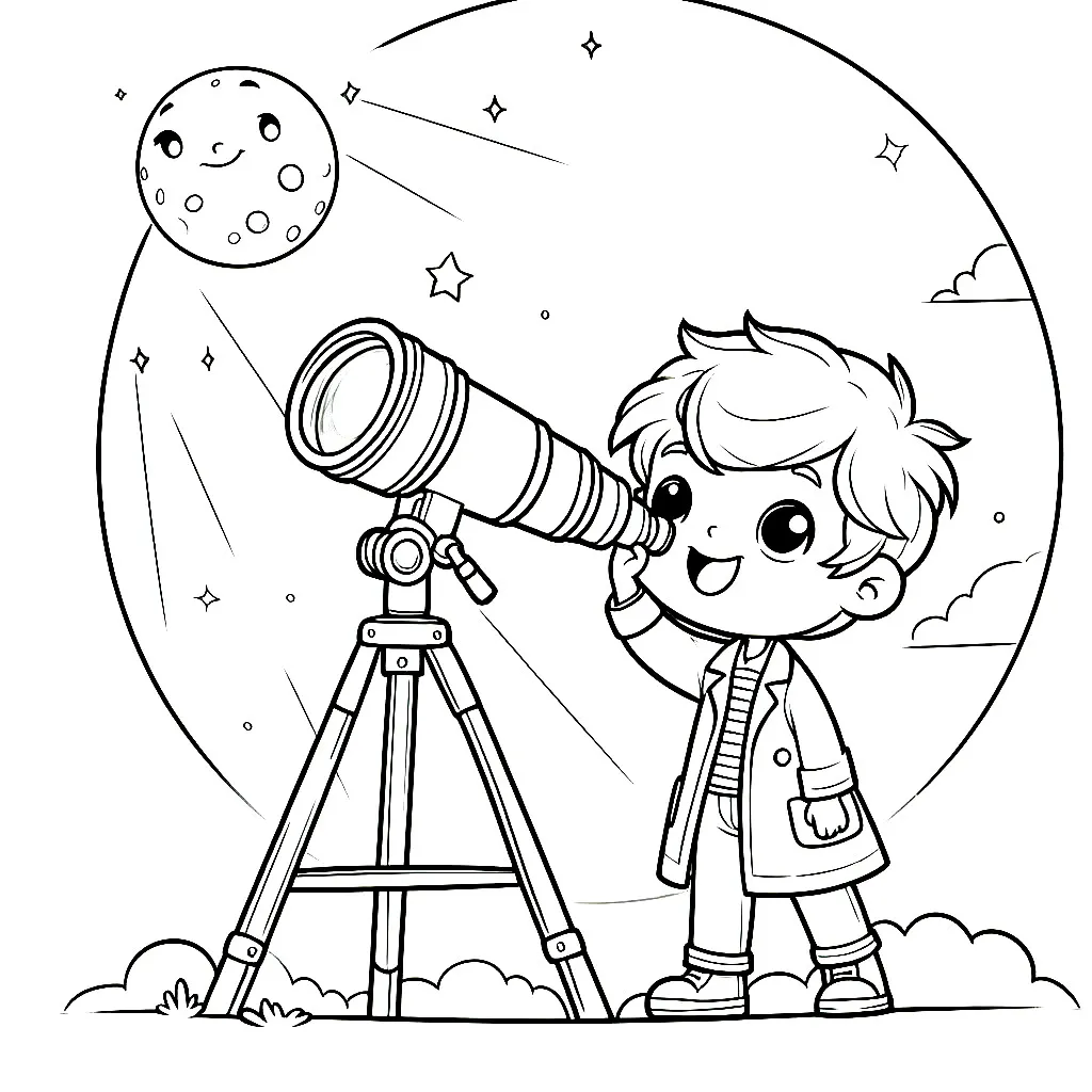 Boy with Telescope Moon Stars 👦🔭🌙⭐ Coloring Page