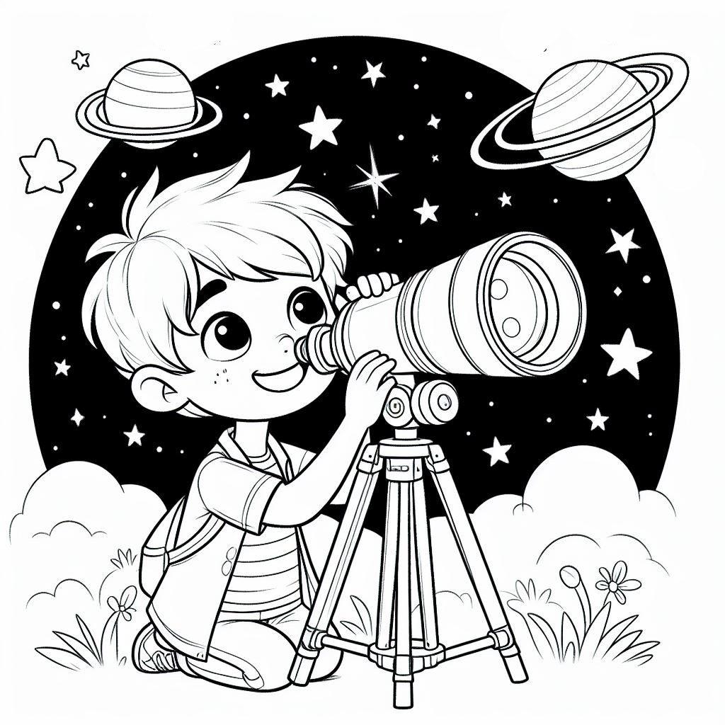 Boy with Telescope Stars and Planets 👦🔭⭐🪐 Coloring Page