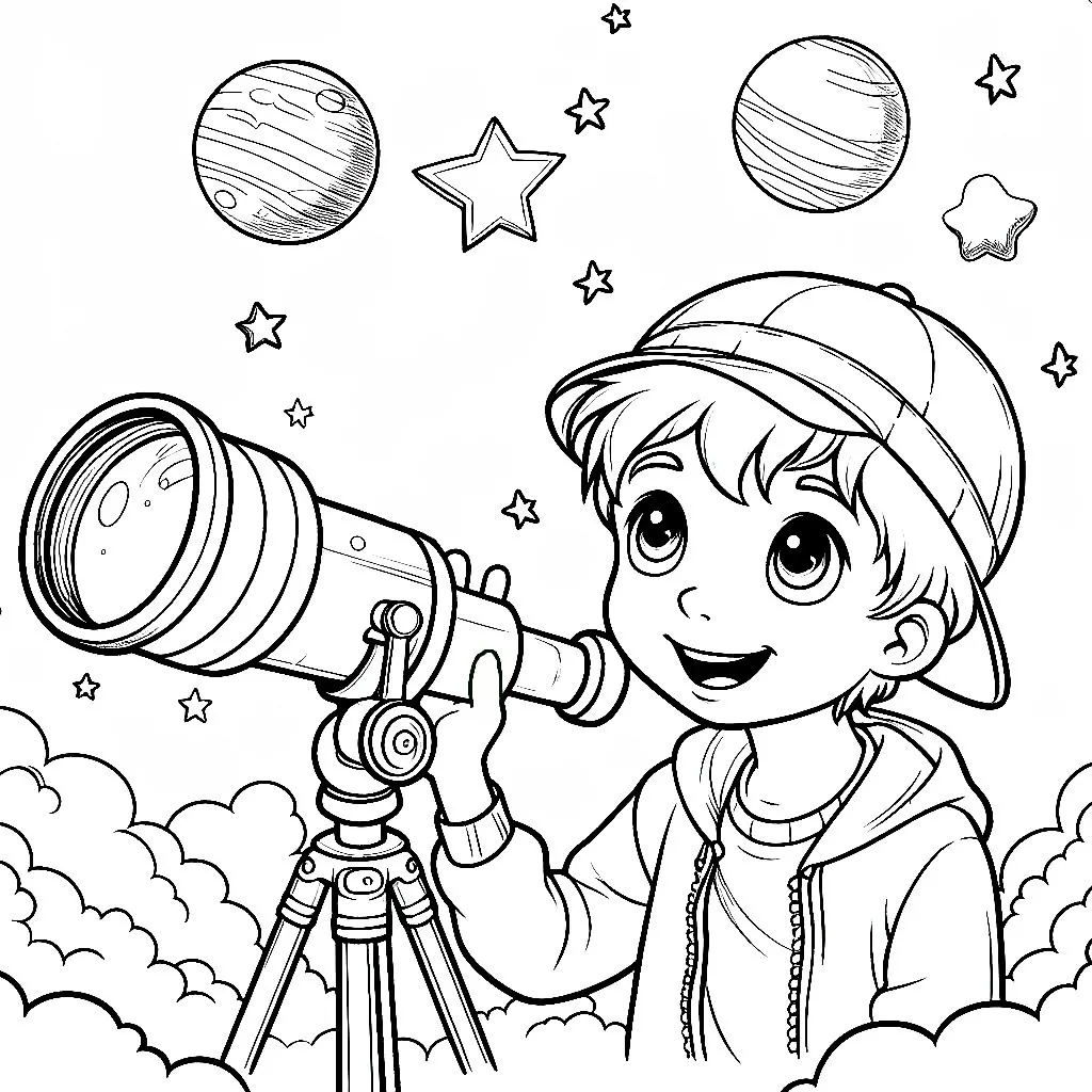 Boy with Telescope looking at the Stars and Planets 👦🔭⭐🪐 Coloring Page