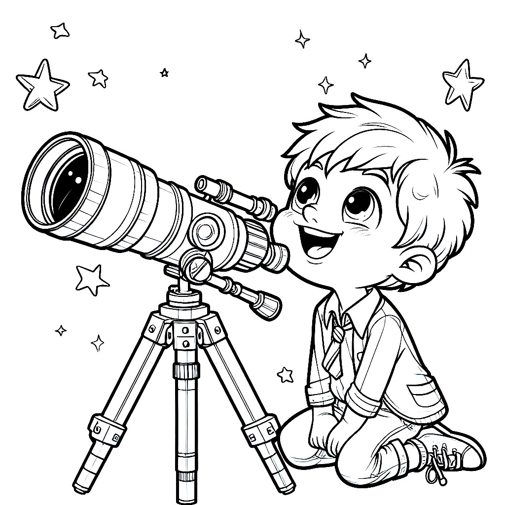 Boy with Telescope Moon and Stars 👦🔭🌙⭐ Coloring Page