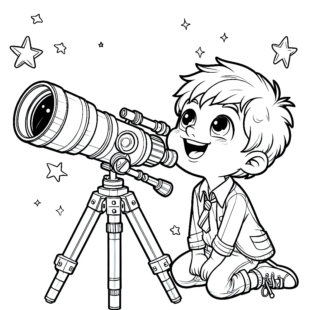 Boy with Telescope Moon and Stars 👦🔭🌙⭐ Coloring Page