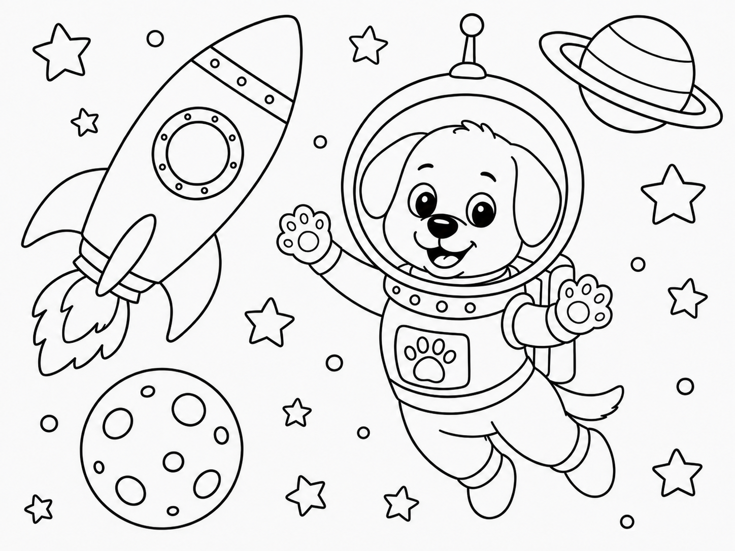 Brave Astronaut Puppy in Deep Space 🐶🚀⭐ Coloring Page