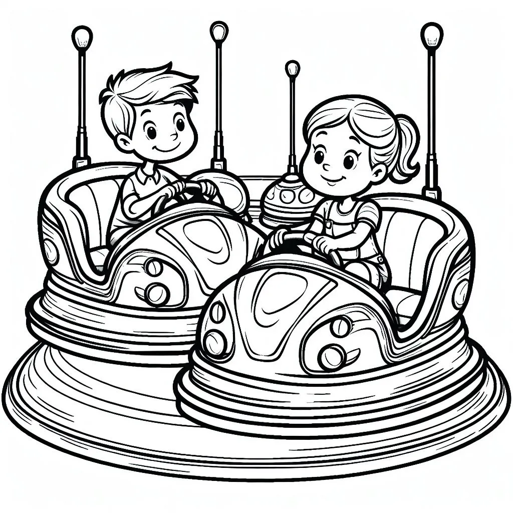 Boy and Girl on Bumper Cars Amusement Ride 👦👧🚗🎢 Coloring Page