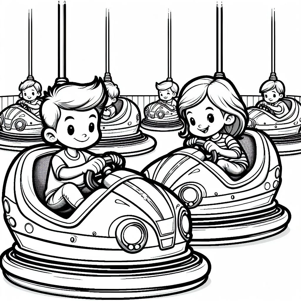 Boy and Girl on Bumper Cars Amusement Ride 👦👧🚗🎢 Coloring Page