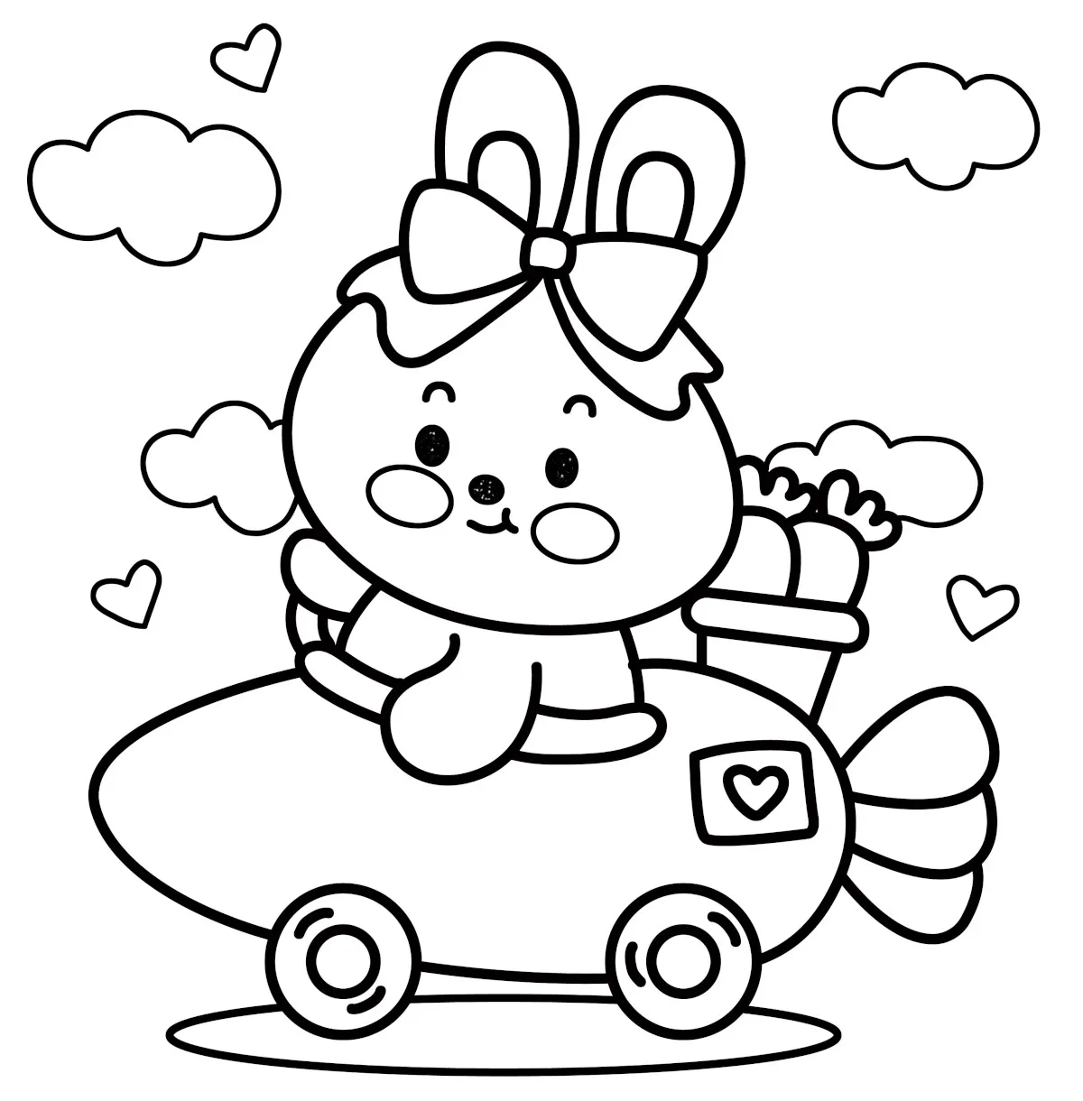 Bunny Riding in a Carrot Car – Cute and Funny Rabbit Driving 🐰🥕🚗☁️💕 Coloring Page