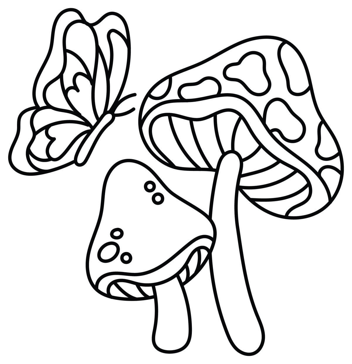 Butterfly with Two Mushrooms 🦋🍄🌿 Coloring Page
