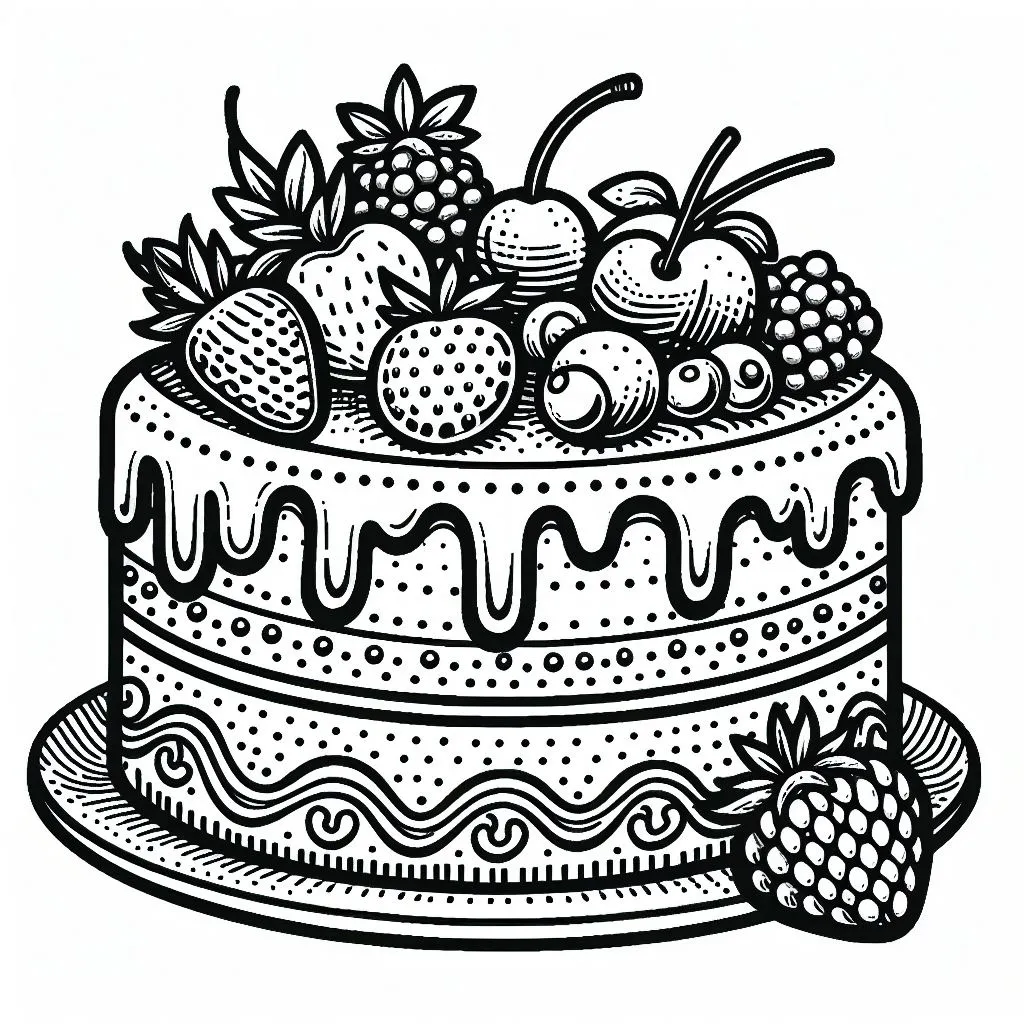 Cake with Fruits 🍰🍓🍇🍍 Coloring Page
