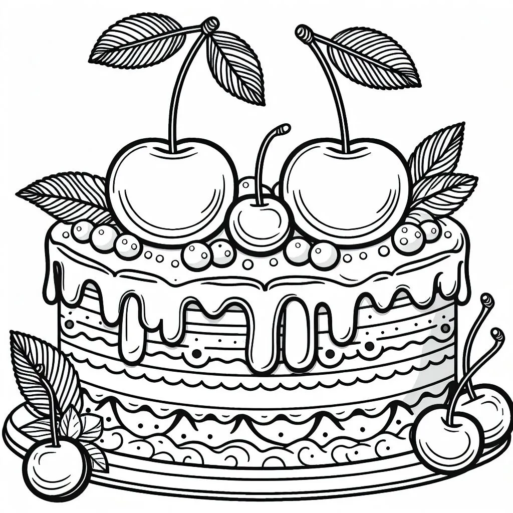 Cake with Cherries 🍰🍒 Coloring Page