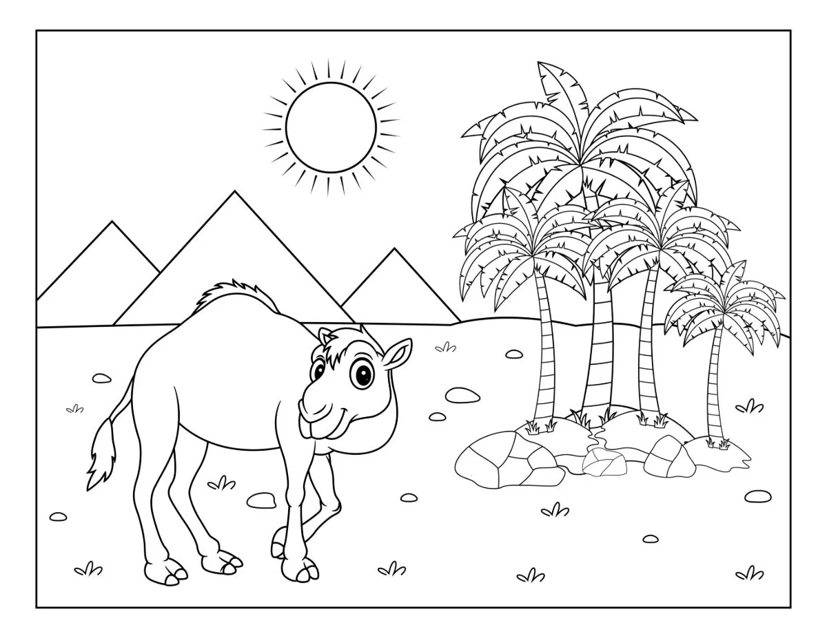 Camel in a Desert Oasis with Pyramids and Palm Trees 🐫🏜️🌴☀️🔺 Coloring Page