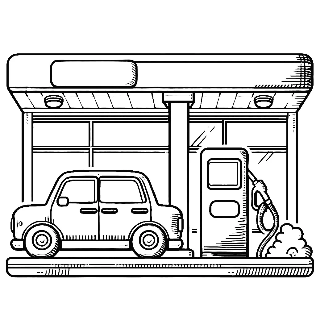 Gas Station with Car 🚗⛽ 🏪🚗 Coloring Page