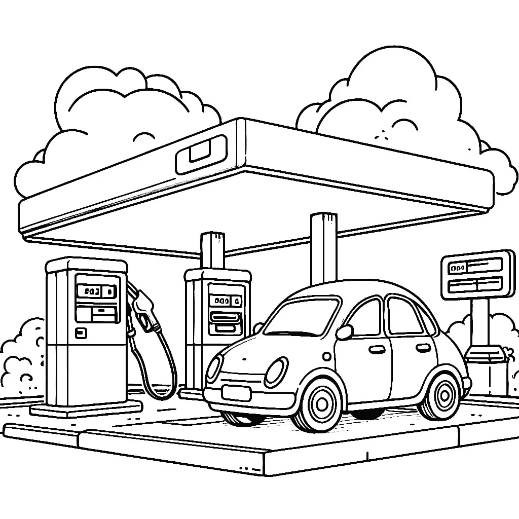 Gas Station with Car 🚗⛽✨🌟 Coloring Page