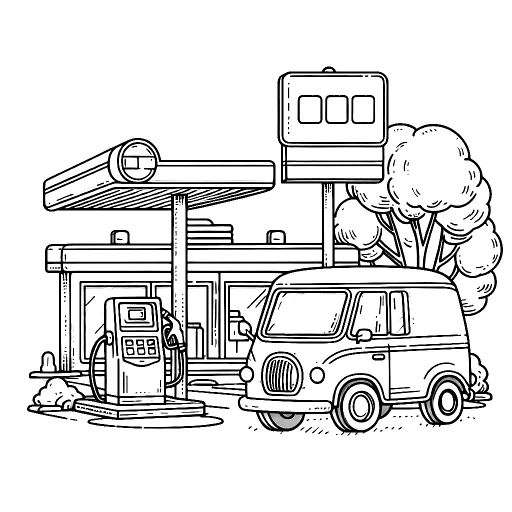 Gas Station with Car 🚗⛽🌟🌈 Coloring Page