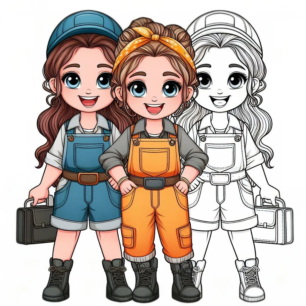 Three Car Mechanic Girls 🚗👧🔧 Coloring Page