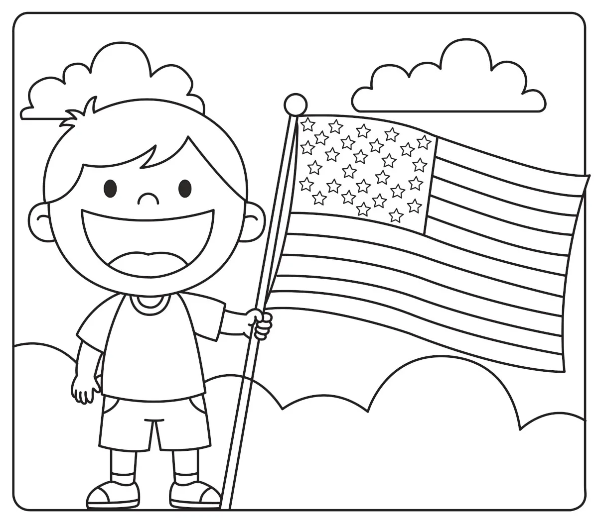 Cartoon boy cheerfully holding an American flag with stars and stripes, proudly celebrating Independence Day. A heartwarming image of patriotism and joy. 🇺🇸🧒🎇✨ Coloring Page