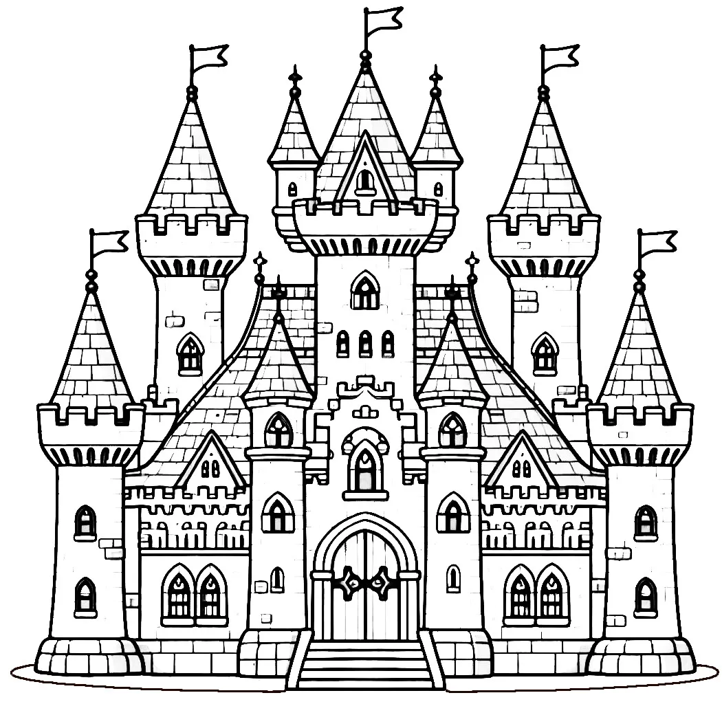 Castle with Towers with Flags and Wooden Door 🏰🚩🚪 Coloring Page