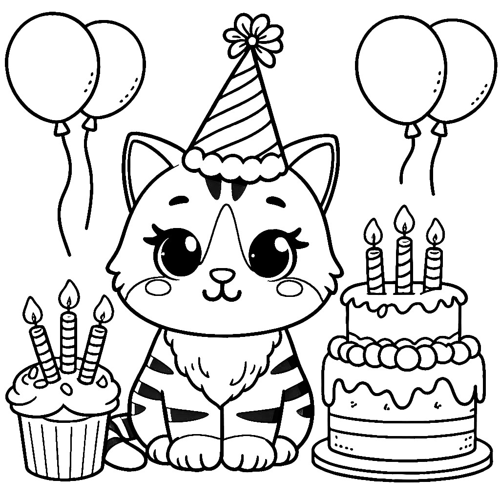 Cat with Birthday Cake Cupcake and Balloons 🎂🐱🎈 Coloring Page