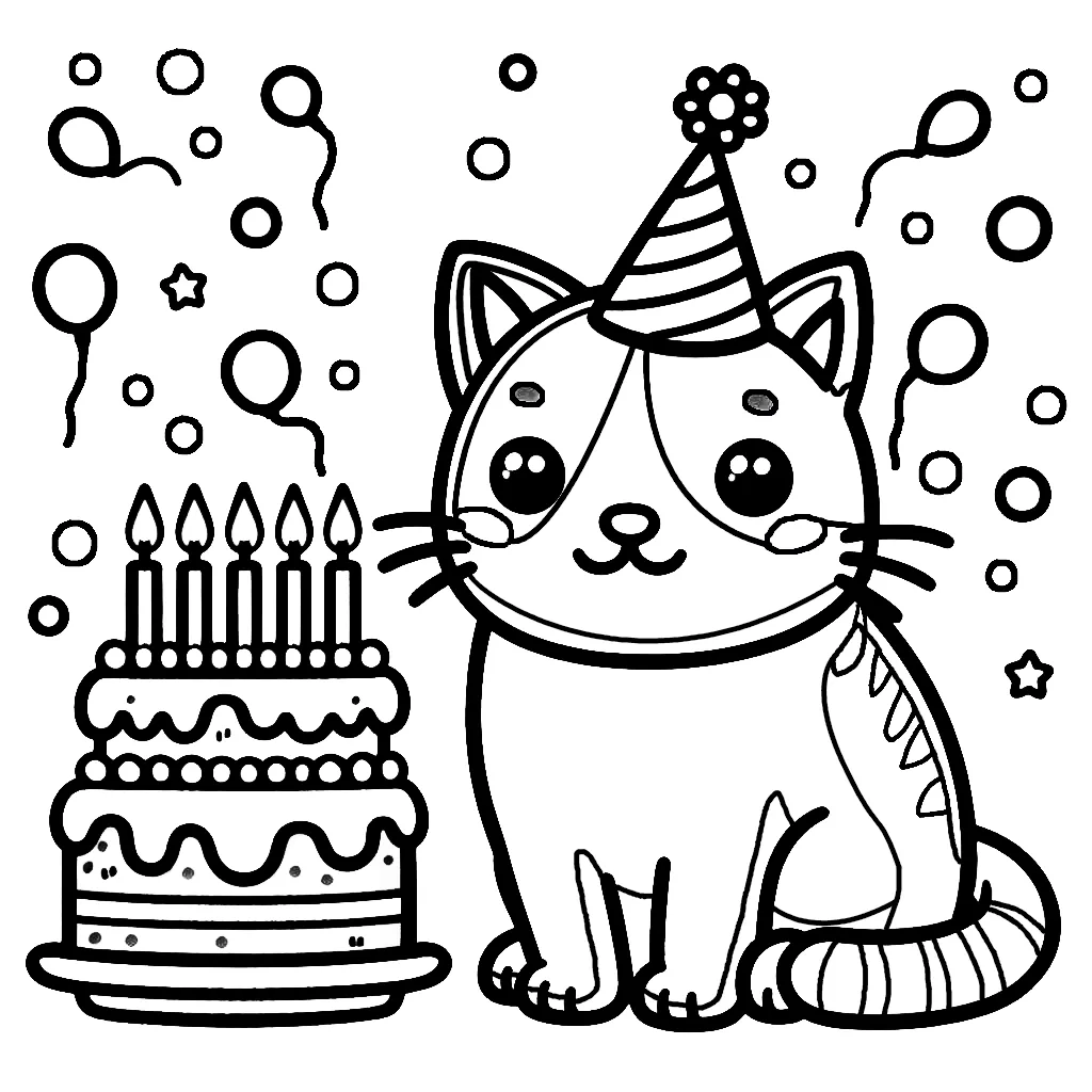 Cute Cat Birthday Party Hat Cake 5 Years Candles 🎉🎂🐱 Coloring Page