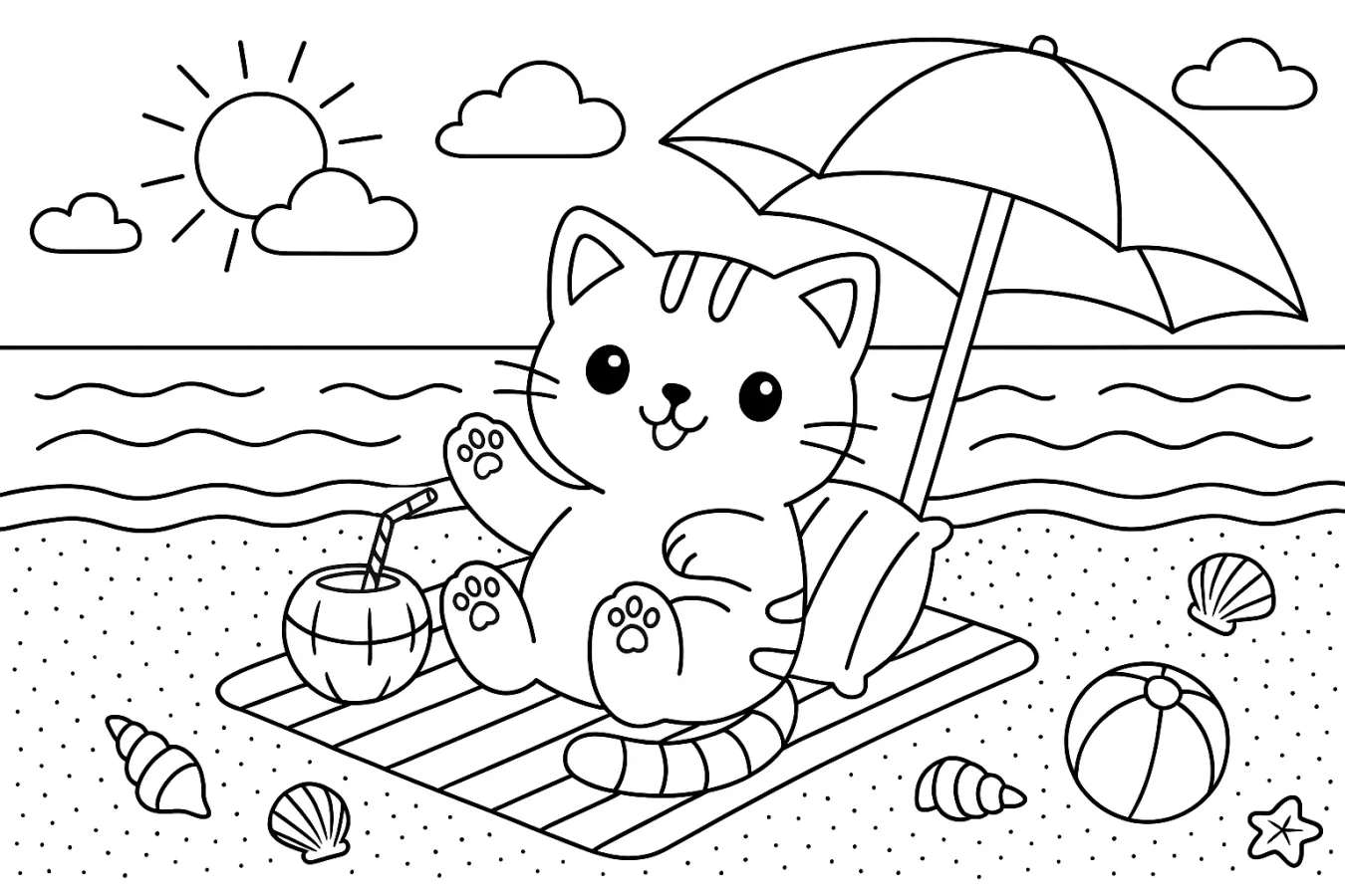 Cat Relaxing on Beach with Sun and Sea 🐱☀️🏖️ Coloring Page