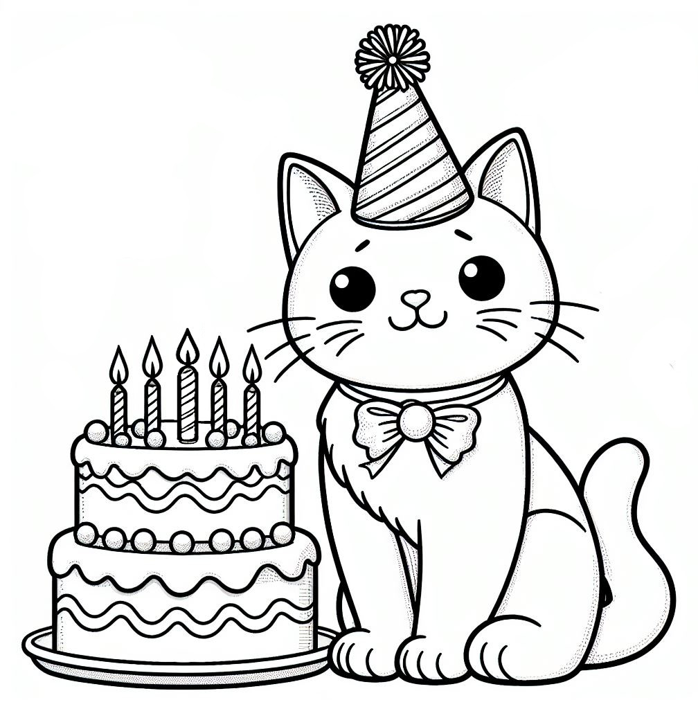 Cat with Party Hat Sitting next to Birthday Cake with 5 Candles (5 Years Anniversary) 🎂🎉🐱 Coloring Page