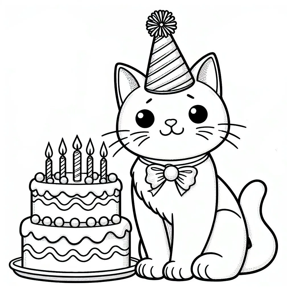 Cat with Party Hat Sitting next to Birthday Cake with 5 Candles (5 Years Anniversary) 🎂🎉🐱 Coloring Page