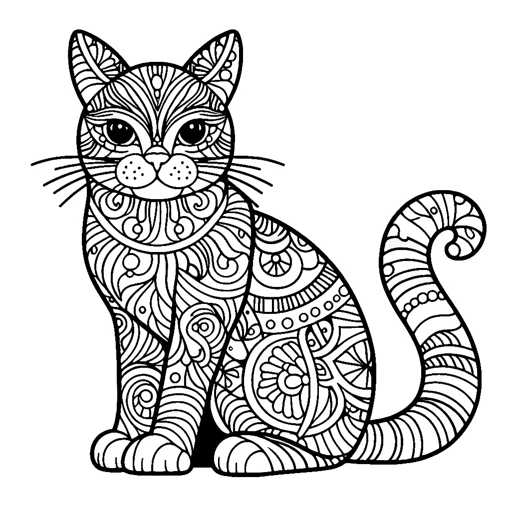 Cat with Beautiful Pattern to Color 🐱🎨🌟 Coloring Page