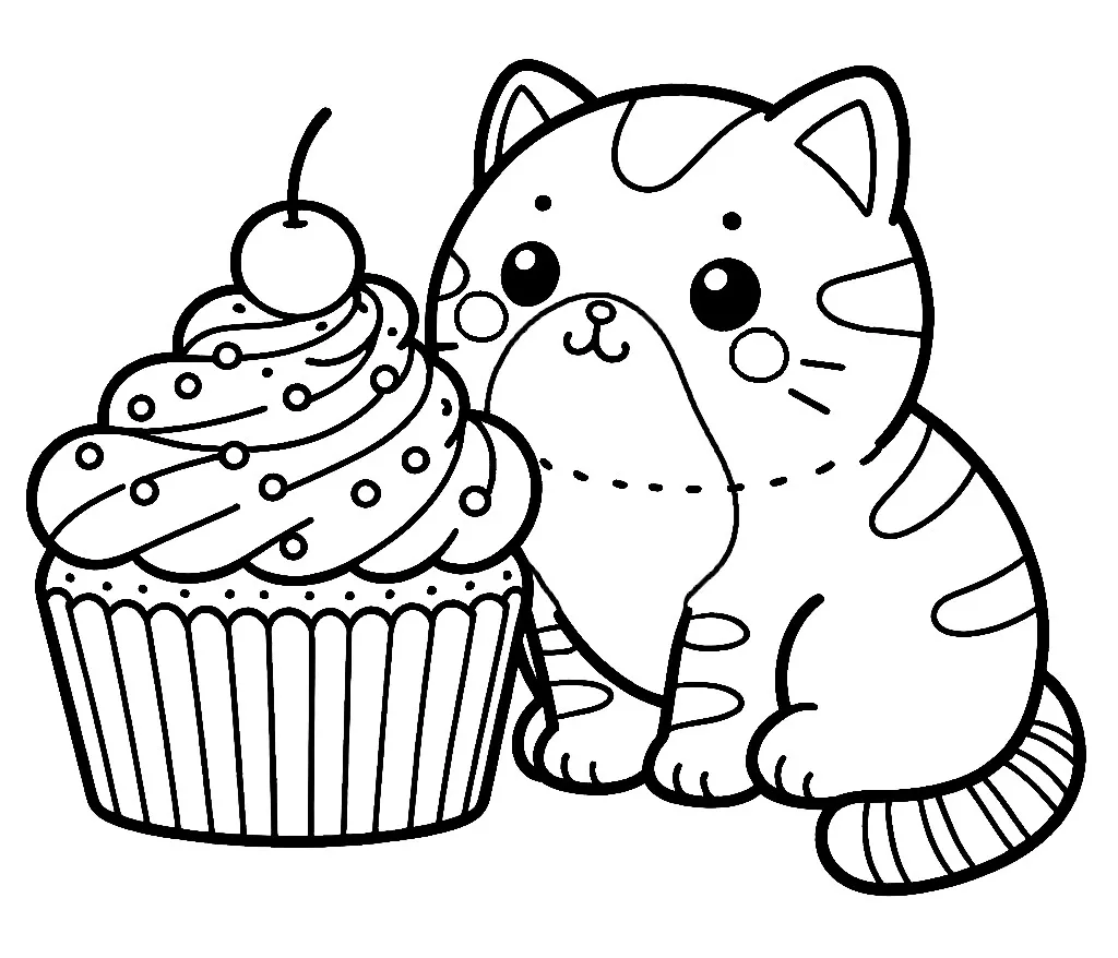 Cat with Cupcake with Cherry on the Cake 🐱🧁🍒 Coloring Page