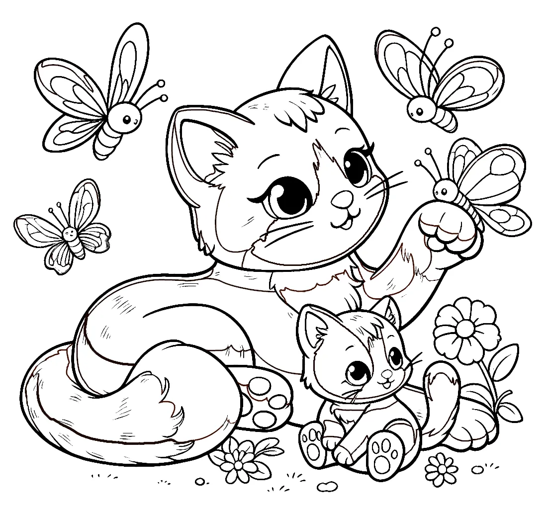 Cat with Kitten Playing with Butterflies 🐱🦋🌸 Coloring Page