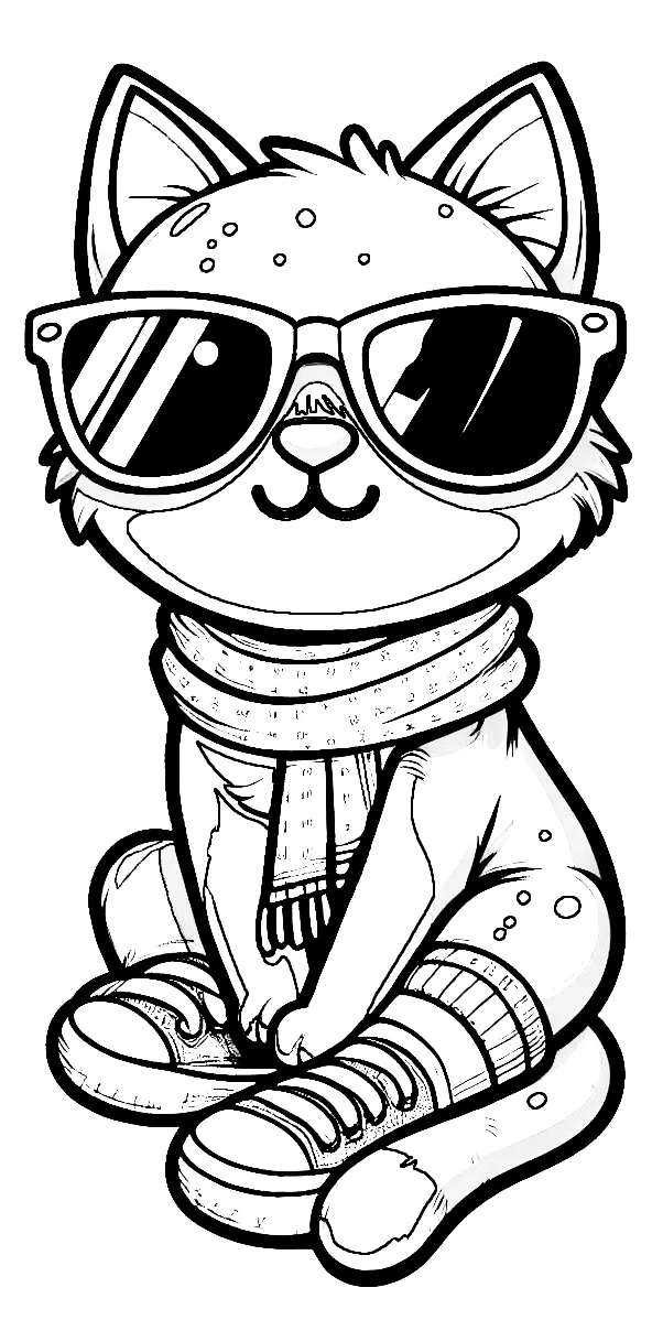 Cat with Sunglasses, Sneakers and Scarf 😎🐱👟🧣 Coloring Page