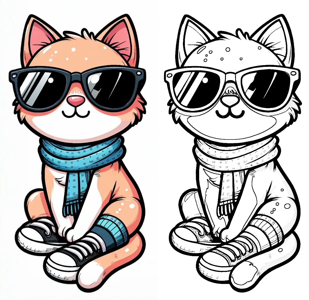 Cat with Sunglasses, Sneakers and Scarf 😎🐱👟🧣 Coloring Page