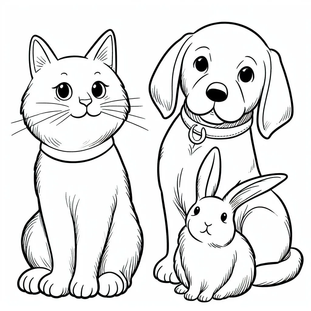 A Cat 🐱 a Dog 🐶 and a Rabbit 🐰 Coloring Page