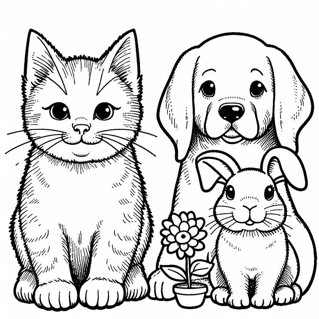 A Cat 🐱 a Dog 🐶 and a Rabbit 🐰 with a Flower in a Pot 🌸 Coloring Page