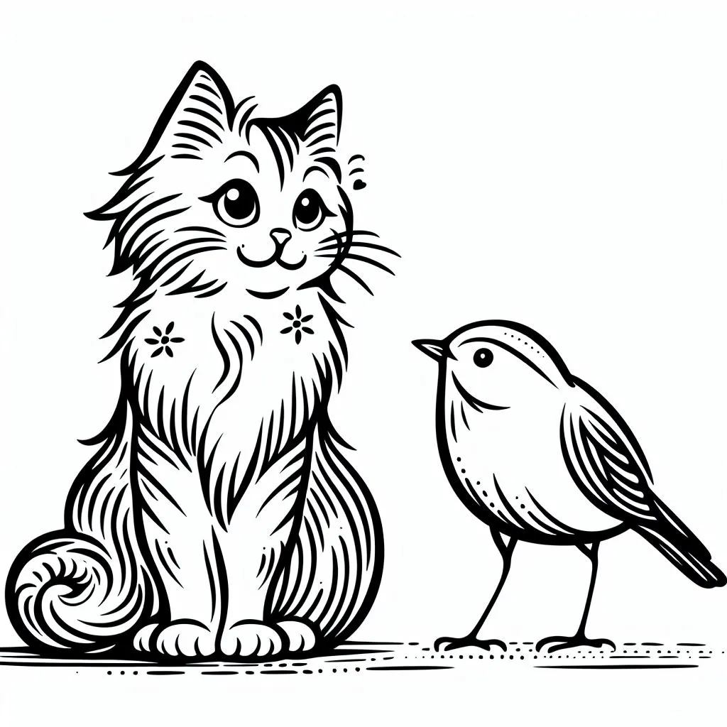 A Cat 🐱 Sitting next to a Bird 🐦 Coloring Page