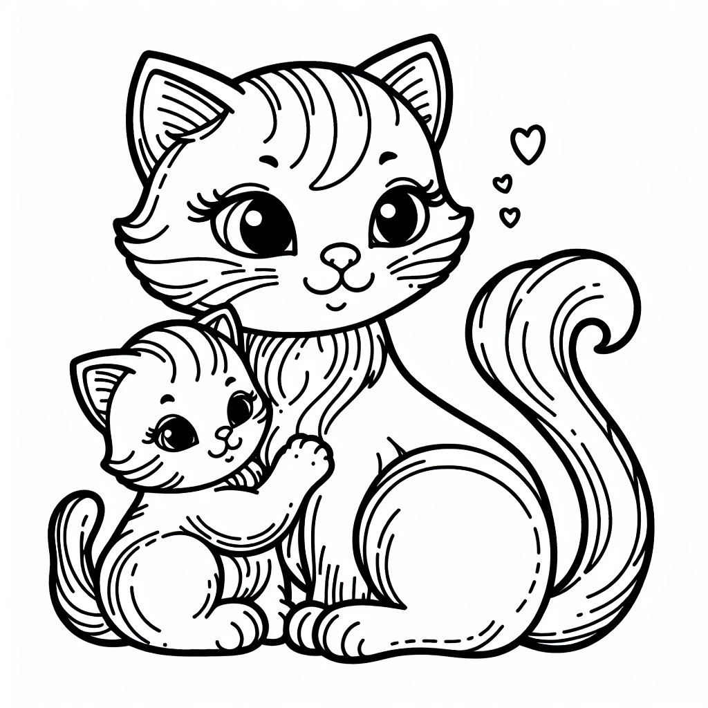 Cat 🐱 with Kitten 🐾👶 Coloring Page