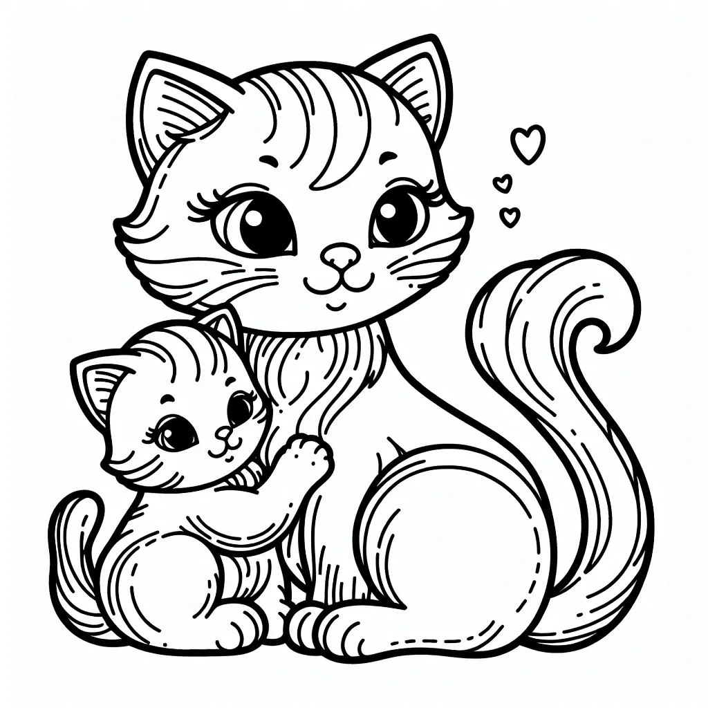 Cat 🐱 with Kitten 🐾👶 Coloring Page