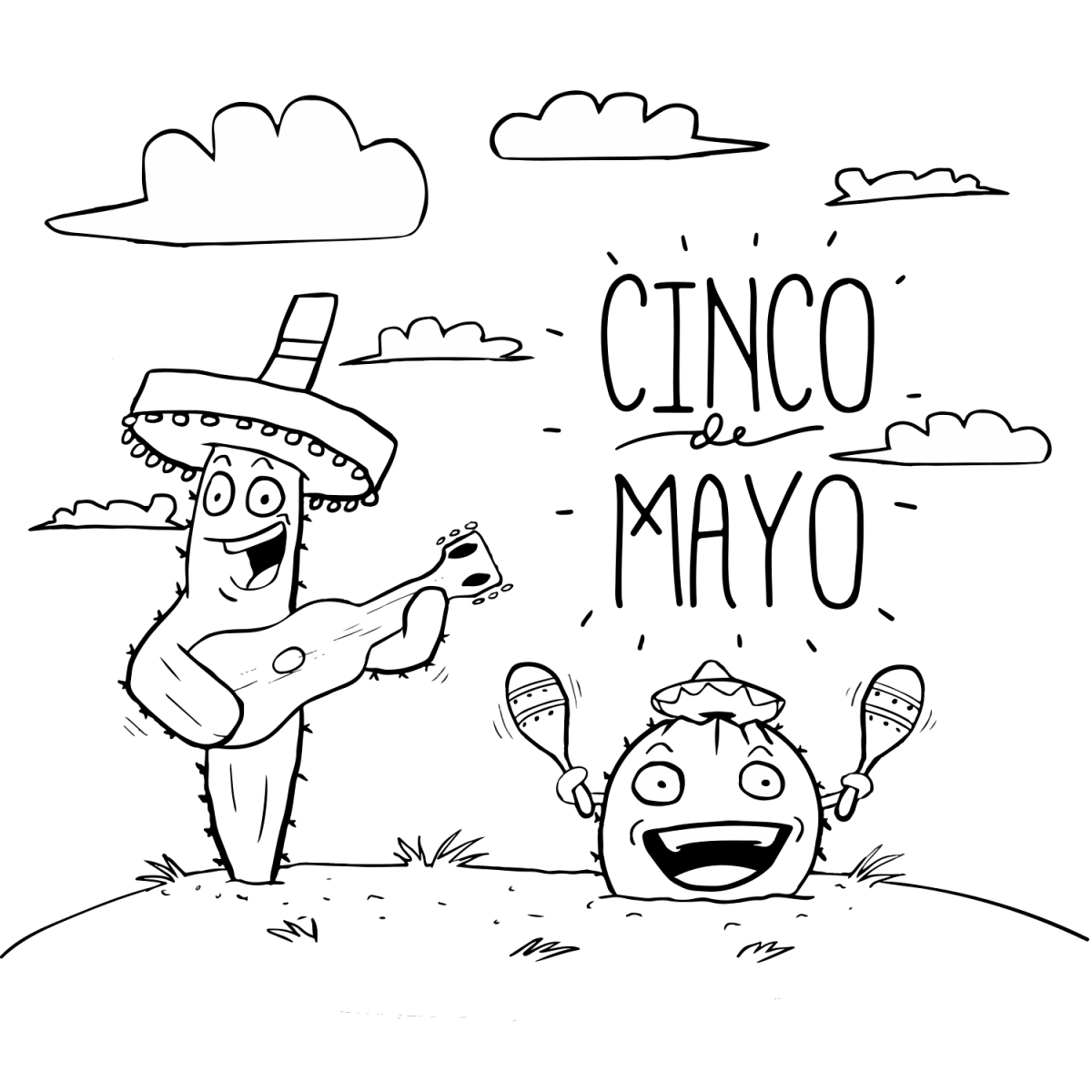 Celebrating Cacti with Mariachi Instruments for Cinco de Mayo 🌵🎶🇲🇽 Coloring Page
