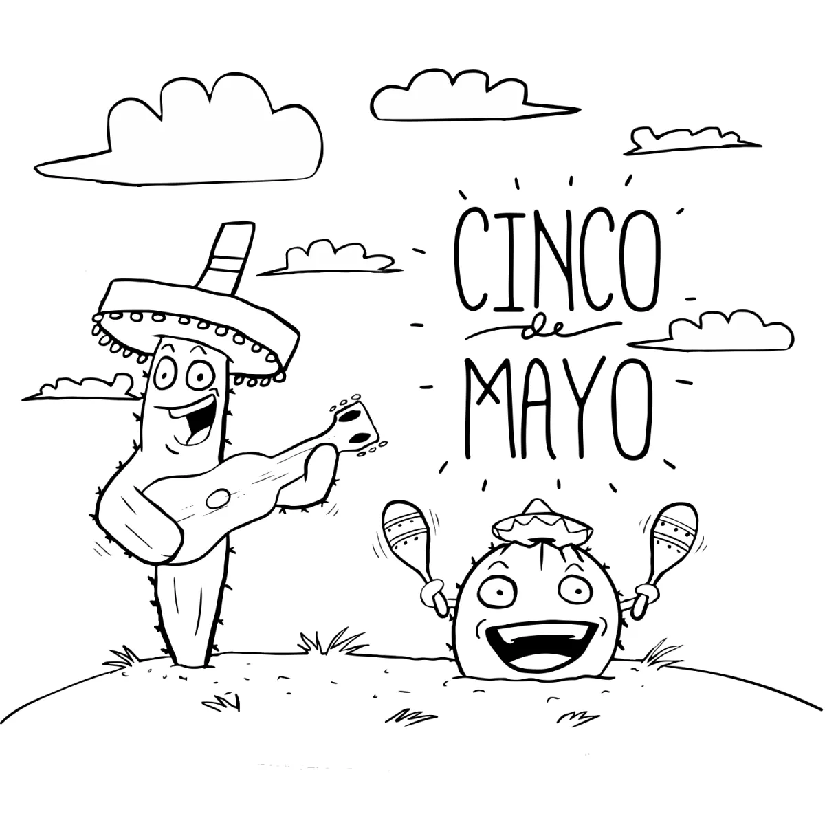 Celebrating Cacti with Mariachi Instruments for Cinco de Mayo 🌵🎶🇲🇽 Coloring Page