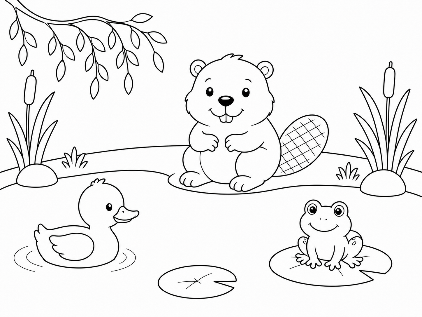 Cheerful Beaver, Duckling and Frog by the Pond 🦦🦆🐸 Coloring Page