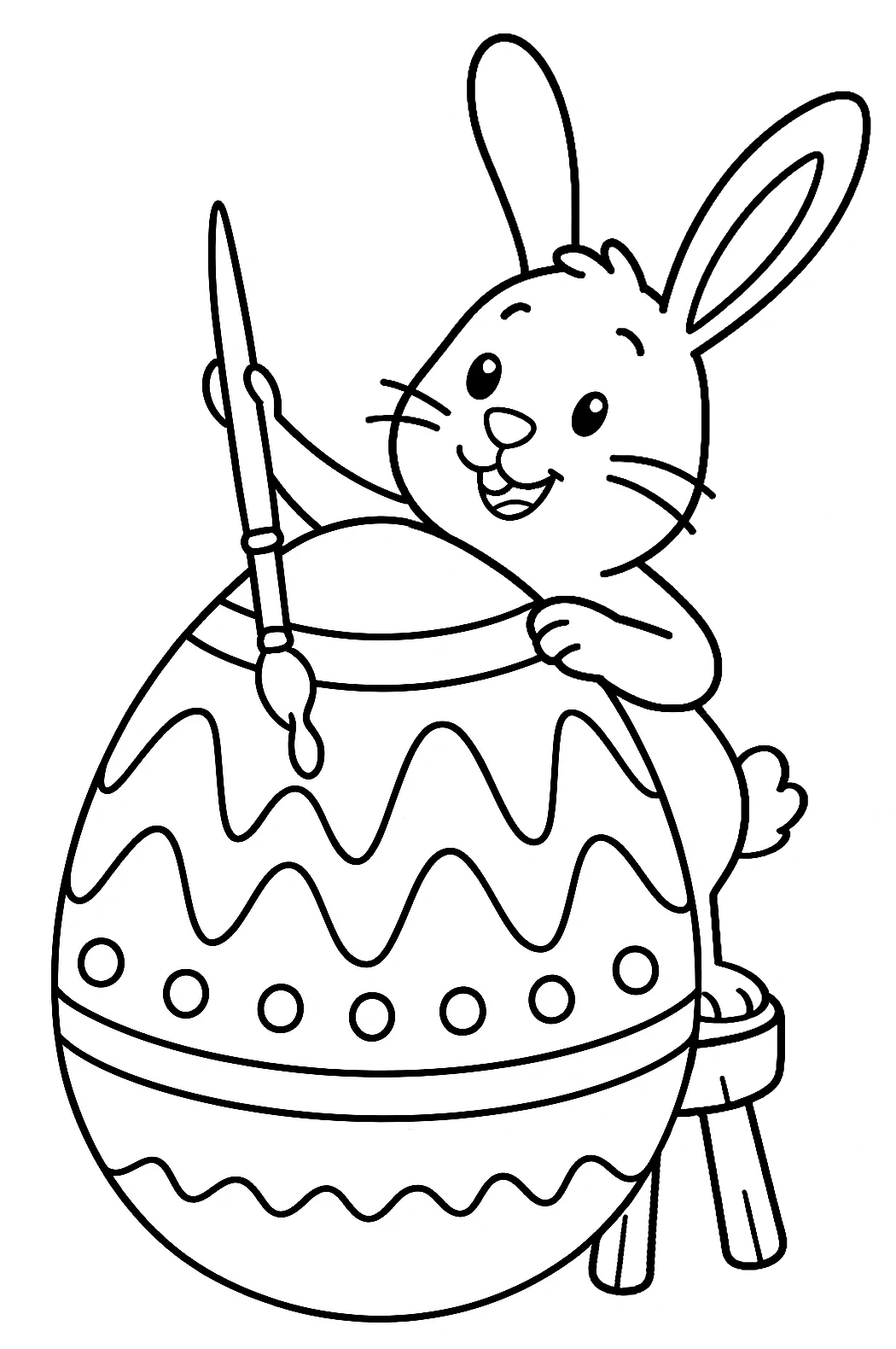 Cheerful Bunny Painting a Large Easter Egg While Standing on a Wooden Stool 🐰🎨🥚 Coloring Page