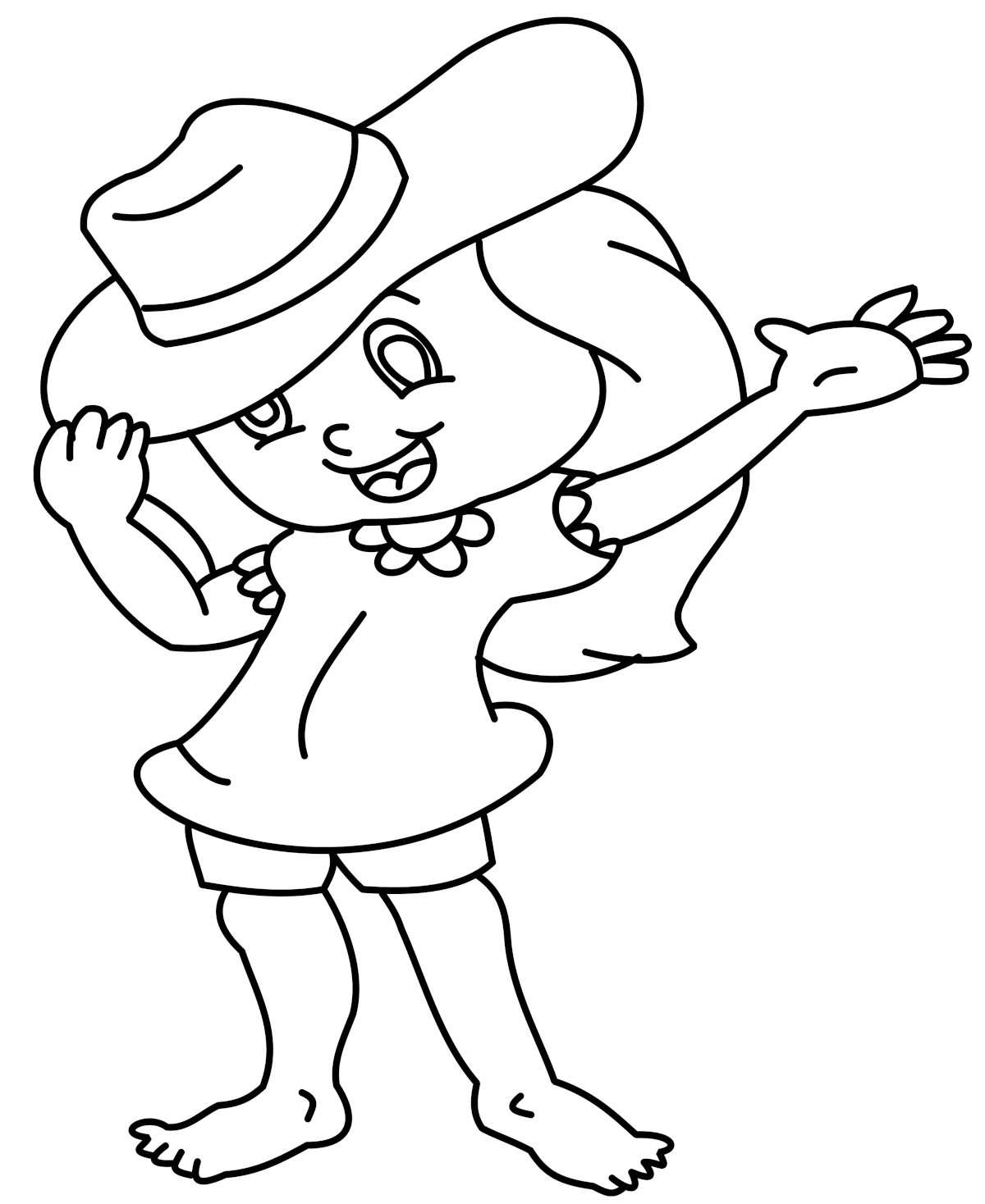 Cheerful Girl with Hat Shirt and Shorts Waving 🌞👒🎉 Coloring Page