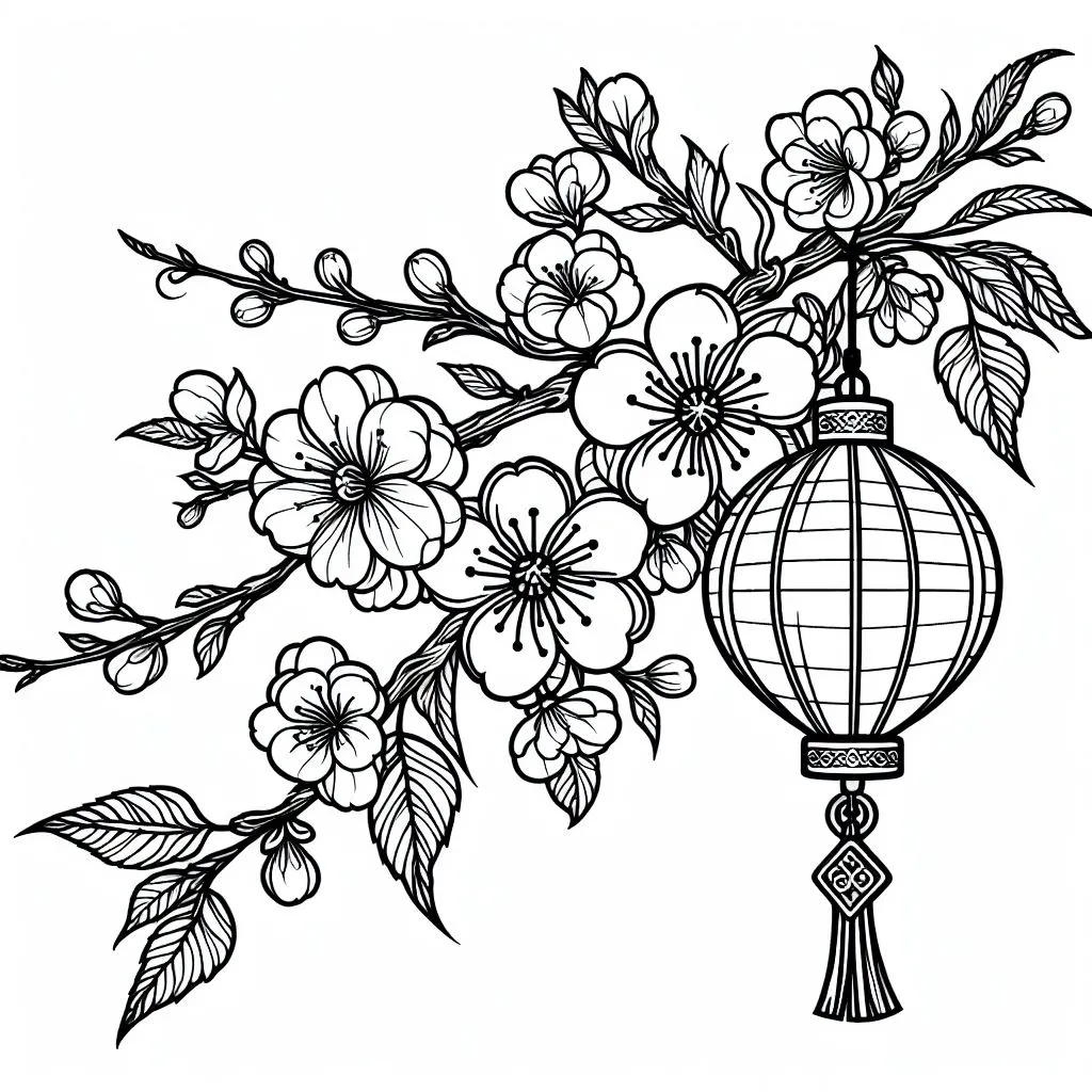 Cherry Blossom with Chinese Lantern 🌸🏮 Coloring Page