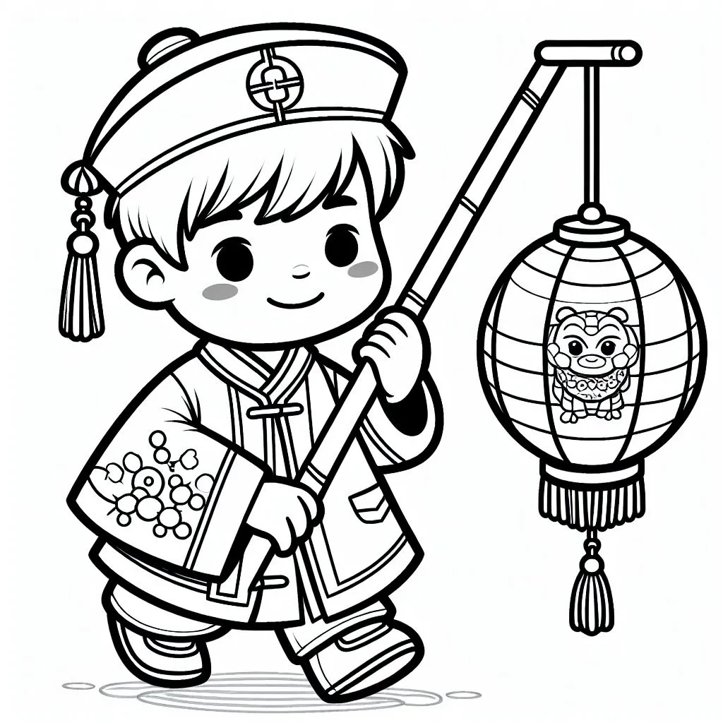 Chinese Boy Holding a Lantern for the Chinese Lunar New Year 👦🏮 Coloring Page